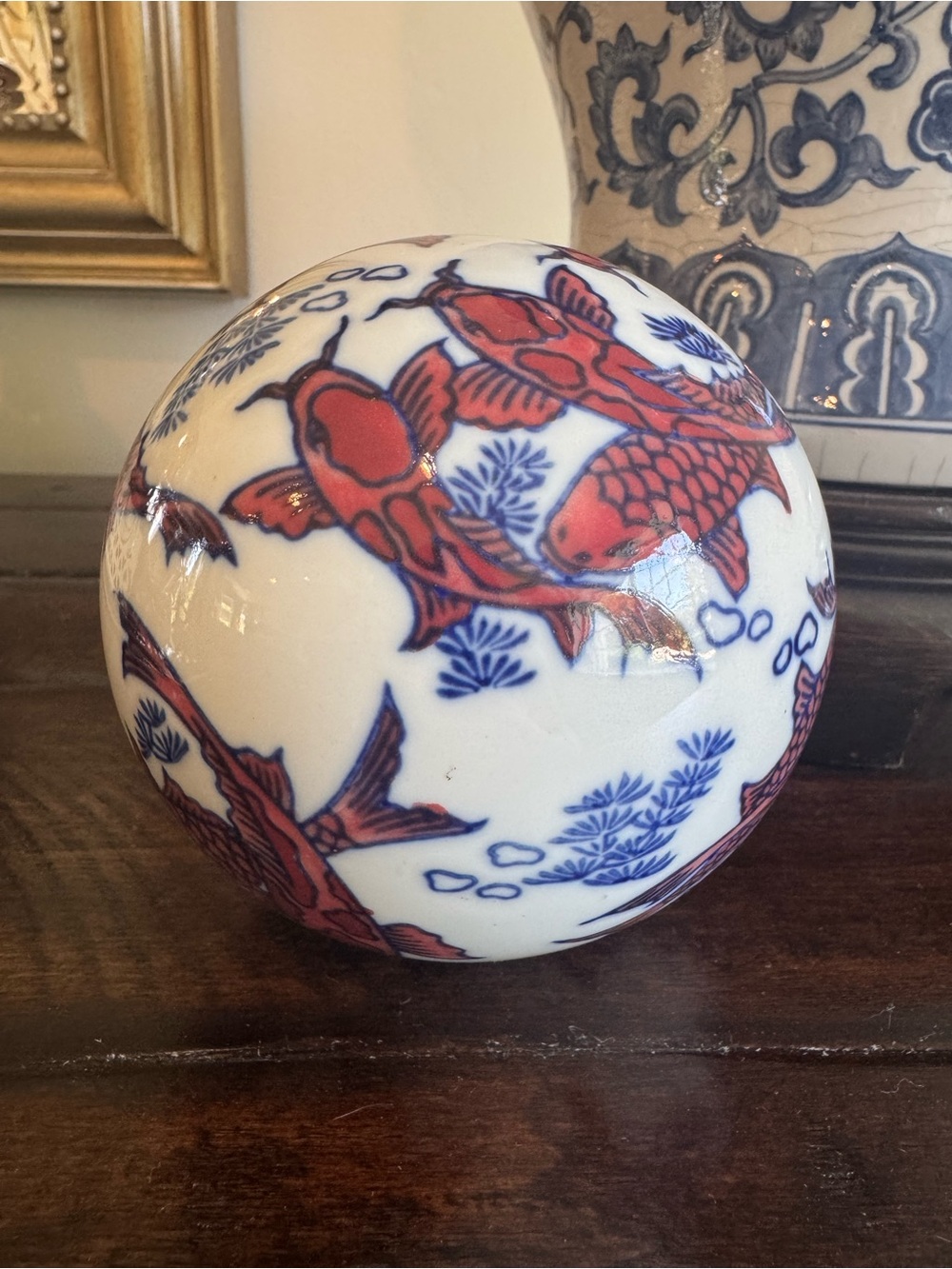 Large Vintage Chinoiserie Porcelain Koi Fish Carpet Ball - 4.5" Decorative Orb